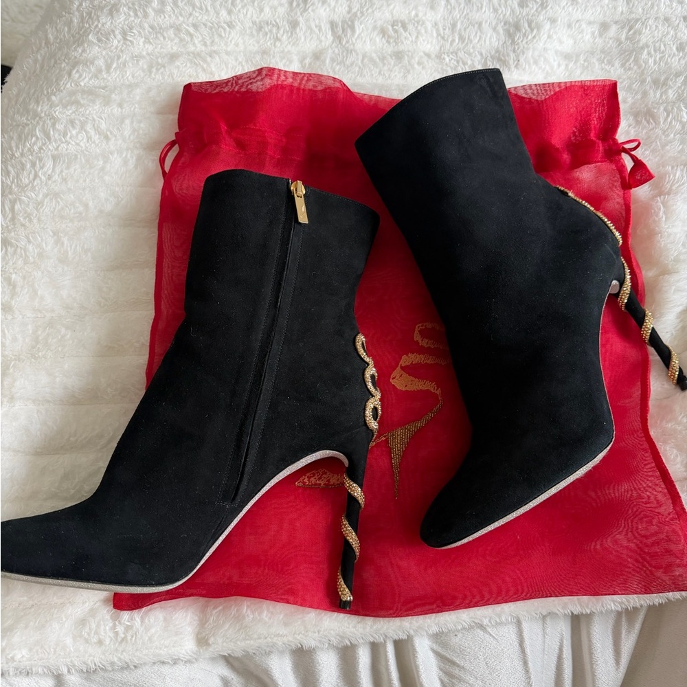 Rene Caovilla Black Suede Ankle Boots with Gold Crystal Serpent - Picture 5 of 8